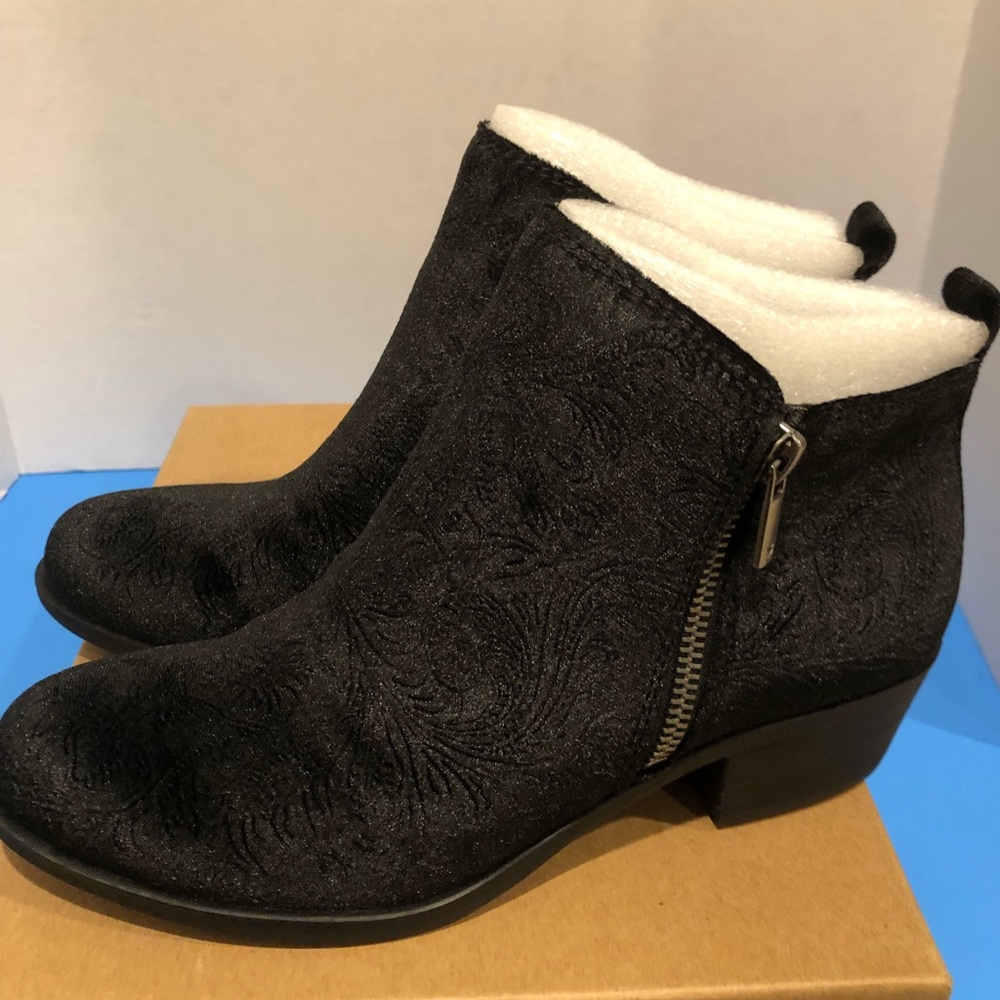 Lucky Brand Ankle Booties in Black Embossed Flower Velvet